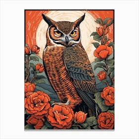 Vintage Bird Linocut Great Horned Owl 2 Canvas Print