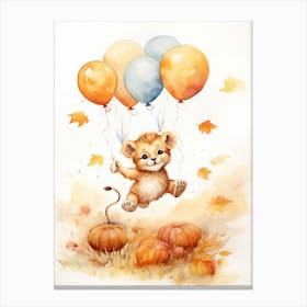 Lion Flying With Autumn Fall Pumpkins And Balloons Watercolour Nursery 4 Canvas Print