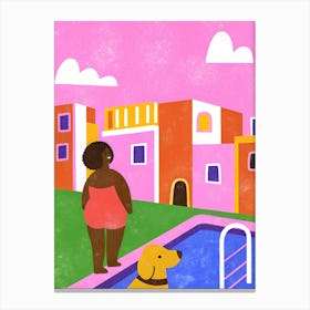 Woman and Dog By The Pool Canvas Print