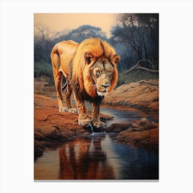 African Lion Drinking From A Stream Realistic 6 Canvas Print