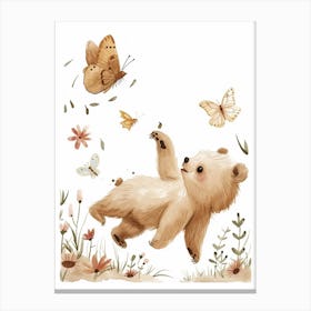 Sloth Bear Cub Chasing After A Butterfly Storybook Illustration 2 Canvas Print