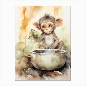 Monkey Painting Cooking Watercolour 3 Canvas Print