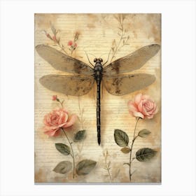 Dragonflies And Flowers, Vintage Canvas Print