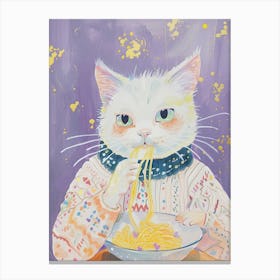 White Cat Pasta Lover Folk Illustration 4 Canvas Print