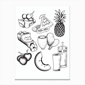 Fruits Collection Black And White Line Art Canvas Print