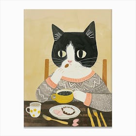 Grey Cat Having Breakfast Folk Illustration 1 Canvas Print