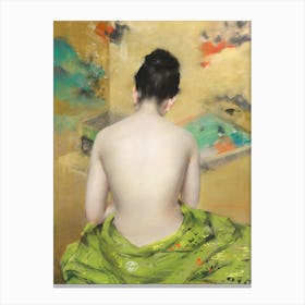 Naked Japanese woman posing sensually with a kimono, vintage erotic art. Canvas Print