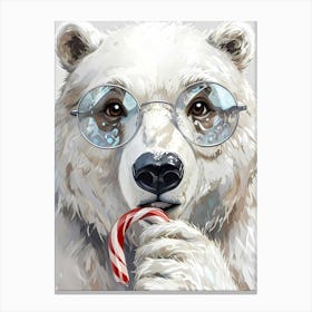 Polar Bear With Glasses and Candy cane Canvas Print