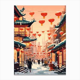 Vintage Winter Travel Illustration Beijing China 3 Canvas Print