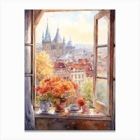 Window View Of Prague Czech Republic In Autumn Fall, Watercolour 4 Canvas Print