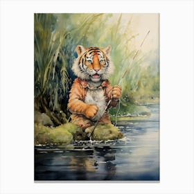 Tiger Illustration Fishing Watercolour 2 Canvas Print