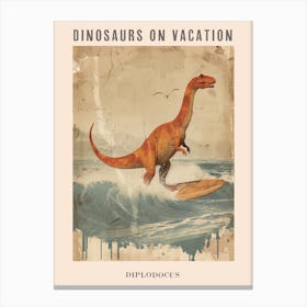 Vintage Diplodocus Dinosaur On A Surf Board 2 Poster Canvas Print