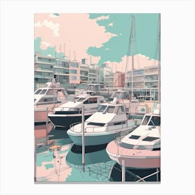 Brighton Marina Moored Boats Studio Ghibli Style Pink Blue High Contrast Canvas Print