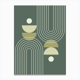 Mid Century Modern Geometric, Sun, Moon Phases, Rainbow Abstract in Forest Sage Green 1 Canvas Print