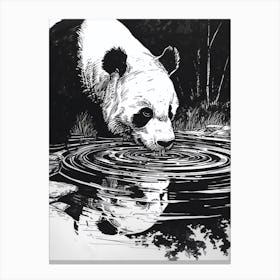 Giant Panda Drinking From A Tranquil Lake Ink Illustration 1 Canvas Print