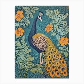 Blue Mustard Peacock With Tropical Flowers Linocut Inspired 4 Canvas Print