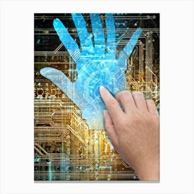 Cyber Abstract Digital Painting Of A Human Hand And A Robotic Hand Almost Touching Against A Backdro Canvas Print