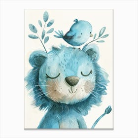 Small Joyful Lion With A Bird On Its Head 17 Canvas Print