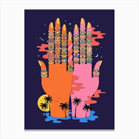 Mystic Traveller Hands Jeweled Rings Palm Trees And Stars Canvas Print