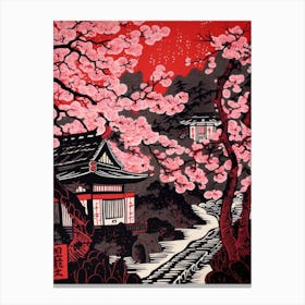 Kyoto Cherry Season Japan Linocut Illustration Style 3 Canvas Print