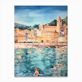 Swimming In Nice France Watercolour Canvas Print