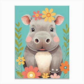 Floral Baby Hippo Nursery Illustration (25) Canvas Print