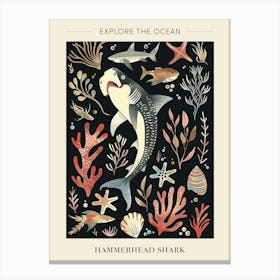 Hammerhead Shark Seascape Black Background Illustration 2 Poster Canvas Print