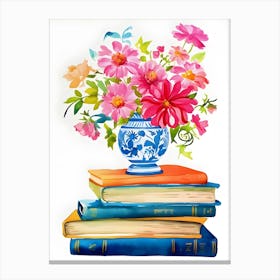 Bouquet On Stack Of Books Print Watercolor Pink Flowers Canvas Print