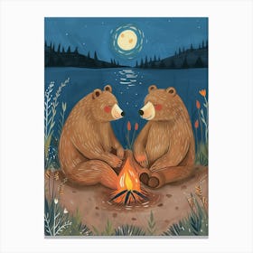 Two Sloth Bears Sitting Together By A Campfire Storybook Illustration 4 Canvas Print