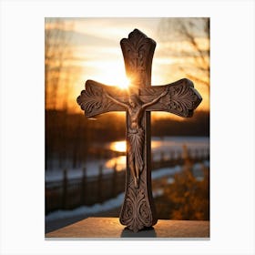 An Intricately Carved Wooden Cross Representing Faith Its Silhouette Beautifully Etched Against Thi (5) 1 Canvas Print