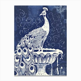 Navy Blue Linocut Inspired Peacock In A Fountain 1 Canvas Print