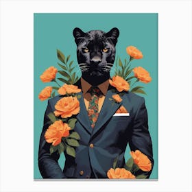 Floral Black Panther Portrait In A Suit (3) Canvas Print