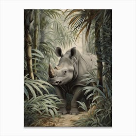 Rhino Peeking Out From Behind The Leaves 5 Canvas Print