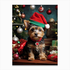 Yorkie Puppy In Christmas Hat Canvas Print