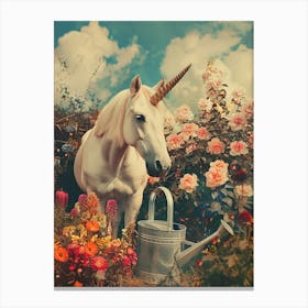 Unicorn In A Garden With A Watering Can Retro Collage Canvas Print