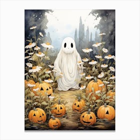 Cute Bedsheet Ghost, Botanical Halloween Watercolour 119 Canvas Print