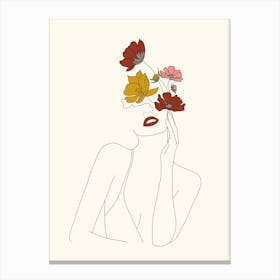 Colorful Thoughts Minimal Line Art Woman With Flowers Canvas Print