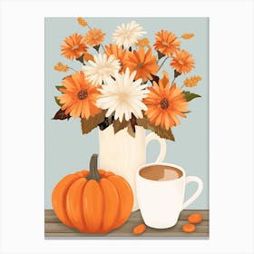 Pitcher With Sunflowers, Atumn Fall Daisies And Pumpkin Latte Cute Illustration 9 Canvas Print