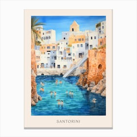 Swimming In Santorini Greece 3 Watercolour Poster Canvas Print