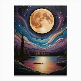 Full Moon Over Lake Watercolor Canvas Print