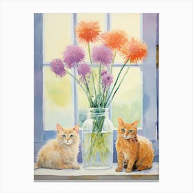 Cat With Allium Flowers Watercolor Mothers Day Valentines 1 Canvas Print