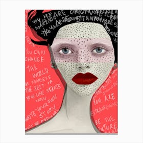 BROOKLYN - Abstract Portrait of a fashion model, Fashion Illustration with Graffitti "Red Lipstick" Freckles  and piercings  Canvas Print