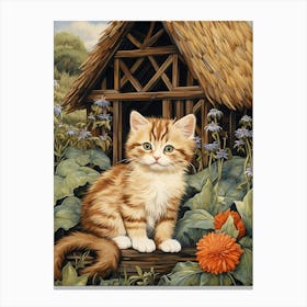 Cute Cats With A Medieval Cottage In The Background 5 Canvas Print