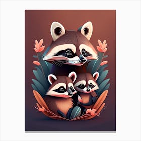 Mother With Baby Raccoons And Leaves Canvas Print