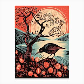 Vintage Bird Linocut Kiwi 3 Canvas Print