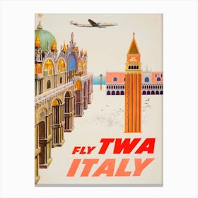 Italy Fly Twa 1960's Travel Poster, Sam Kal Canvas Print