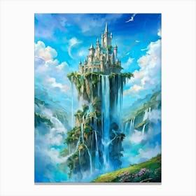 Capture A Watercolor Fantasy Of A Whimsical Castle Perched Delicately Atop Floating Islands Cascadi Canvas Print