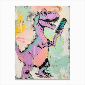 Dinosaur On A Smart Phone Pink Lilac Graffiti Style 2 Canvas Print