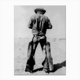 Cowboy In Chaps and Cowboy Boots, Vintage Western Black and White Old Photo Canvas Print