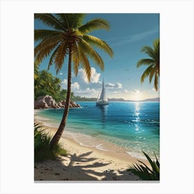 Beach Scene With Sailboat Canvas Print